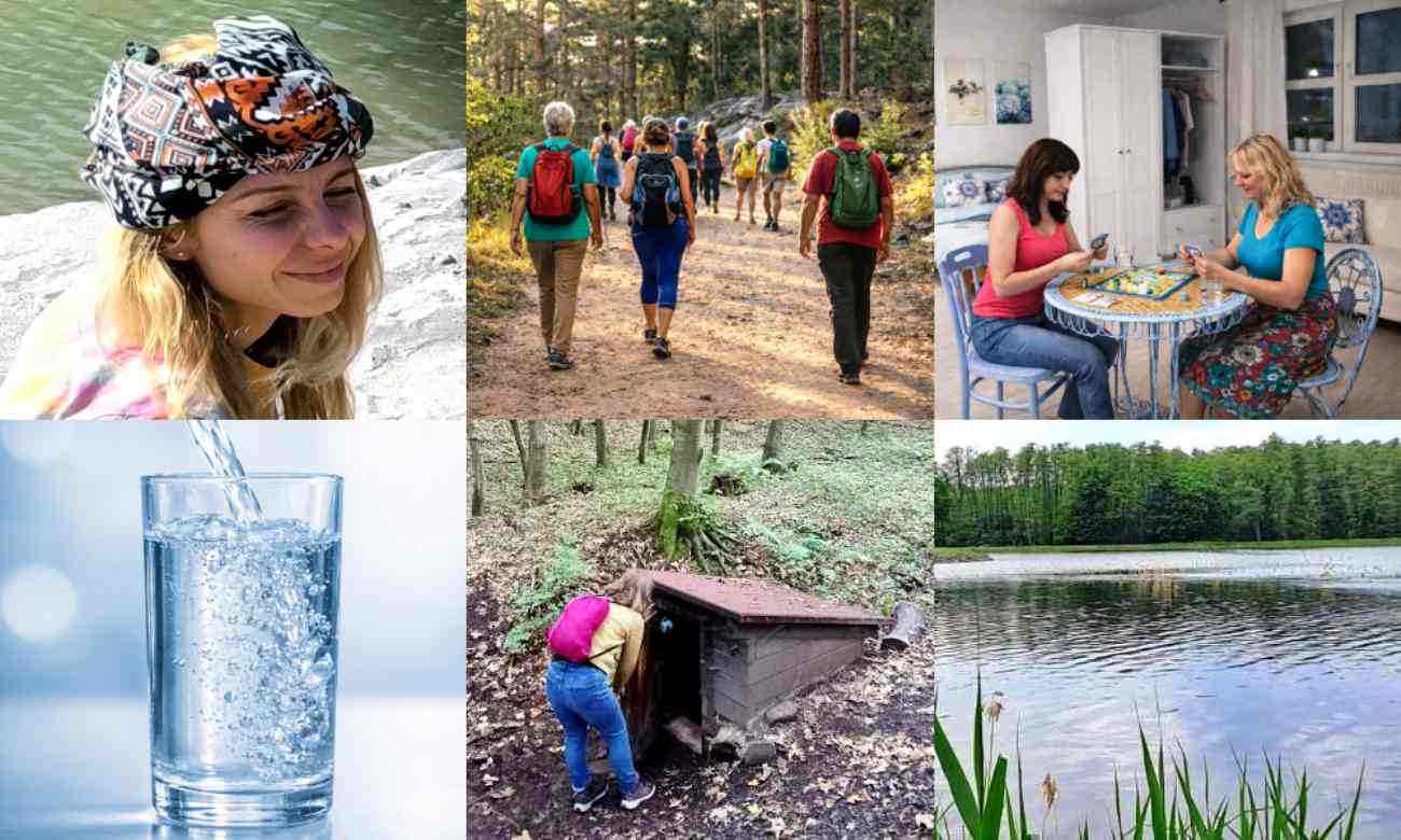 Momenty a aktivity pre liečebný pôst na vode, ľudia na výletoch, pri hrách, pohár vody