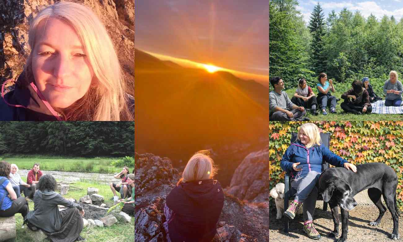 Ľudia na pobyte s pôstom na vode a ich sprievodkyňa, účastníci pobytu sediaci v kruhu na odpočinku na prechádzke, západ slnka za slovenskými kopcami