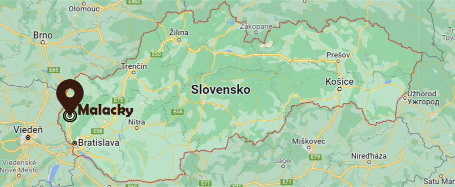 Mapa Slovenska s vyznačeným mestom Malacky
