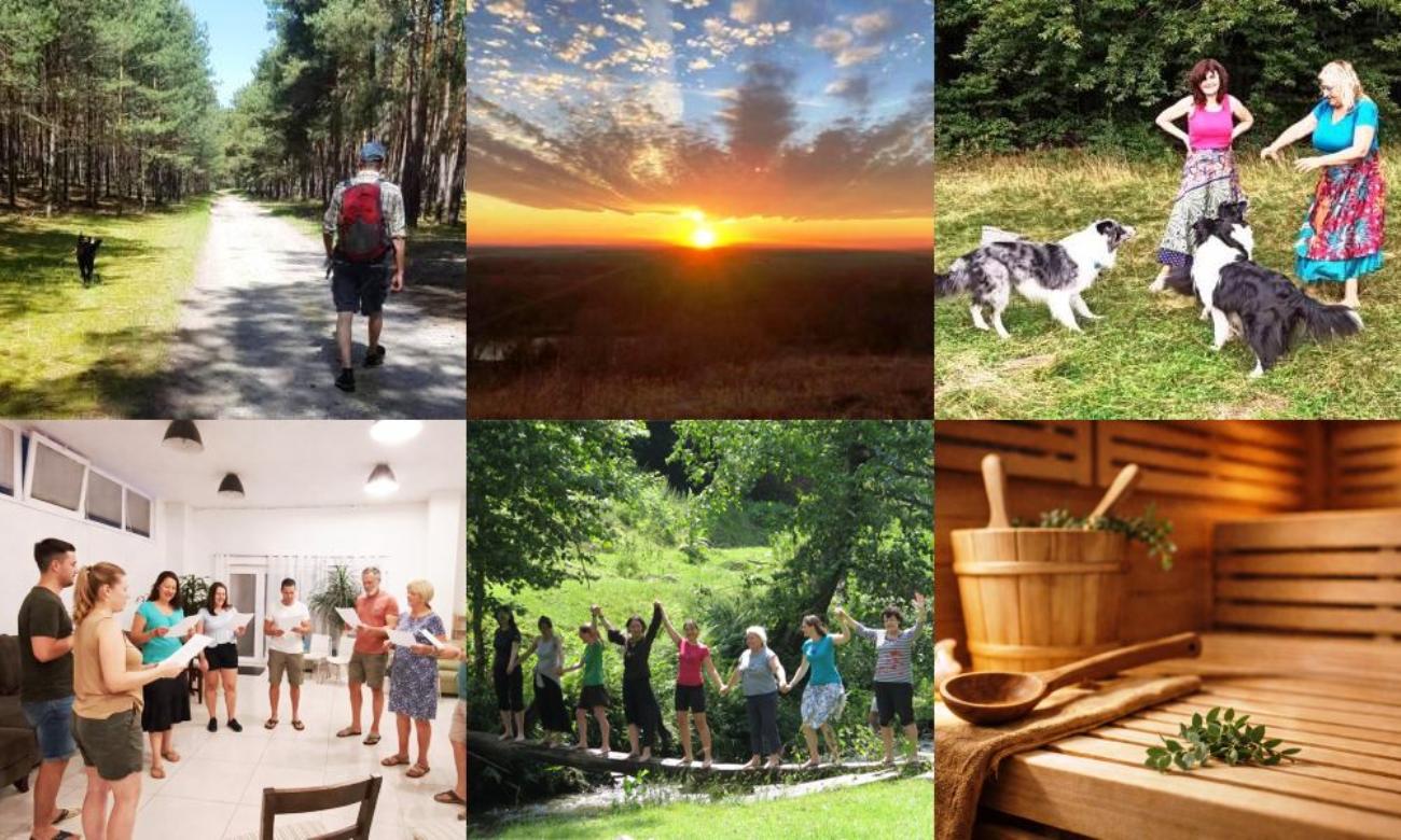 Koláž fotografií z pobytu: prechádzka lesom, západ slnka nad krajinou, ženy so psami na lúke, skupinové stretnutie v interiéri, ľudia držiaci sa za ruky v prírode a fínska sauna