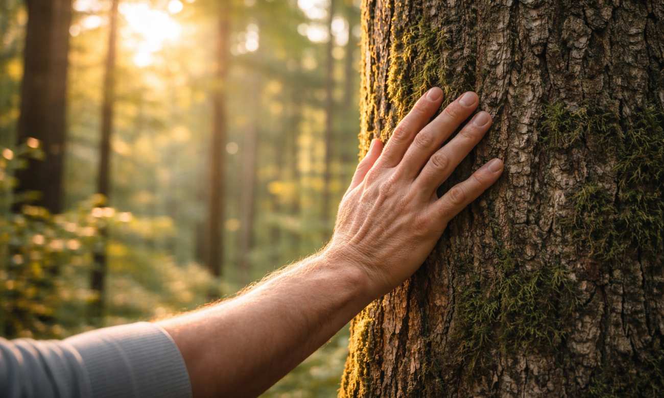 Ruka dotýkajúca sa stromu v lese počas pokojnej prechádzky v prírode